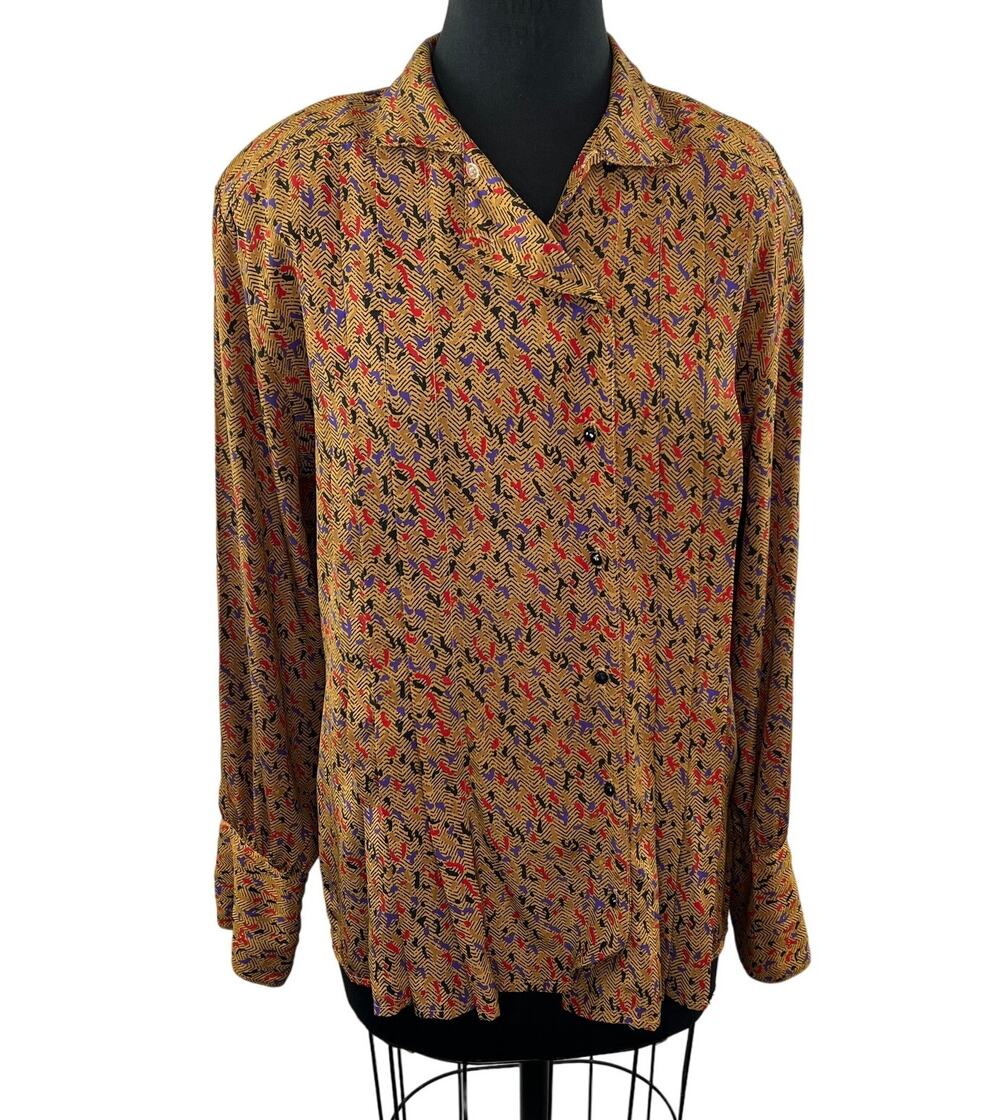 Vintage STUART LANG Tan Print Long Sleeve Button-Down Pleated Collared Shirt 12